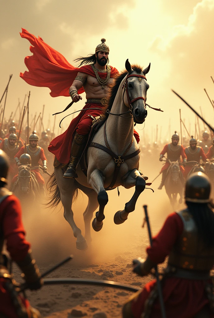 An action-packed scene where Chetak, with a heroic posture, is leaping over a ravine or obstacle while carrying Maharana Pratap. The surrounding area is chaotic with Mughal soldiers and dust clouds, emphasizing the danger and bravery of their escape."