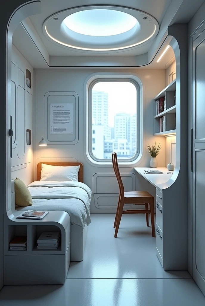 Imagine a  Futuristic small room for students with a small bed and Window and also a Study Table