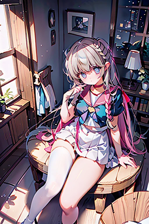 tilting head(((contrasted.full body.smile.mole under eye)))Two beautiful girls(((2人schooluniformkyoto animation)))dwarfbob cut((aqua hair.White ribbon))blueserafuku((black.serafuku.allpinkserafuku))claw pose(((slouch.2 people share claw pos)))Large windows.Luxurious curtains.Beautiful lighting.Dim lighting.Luxurious carpet)))White knee-high socks(With a small ribbon)portrait((from above.looking at viewer))curvy