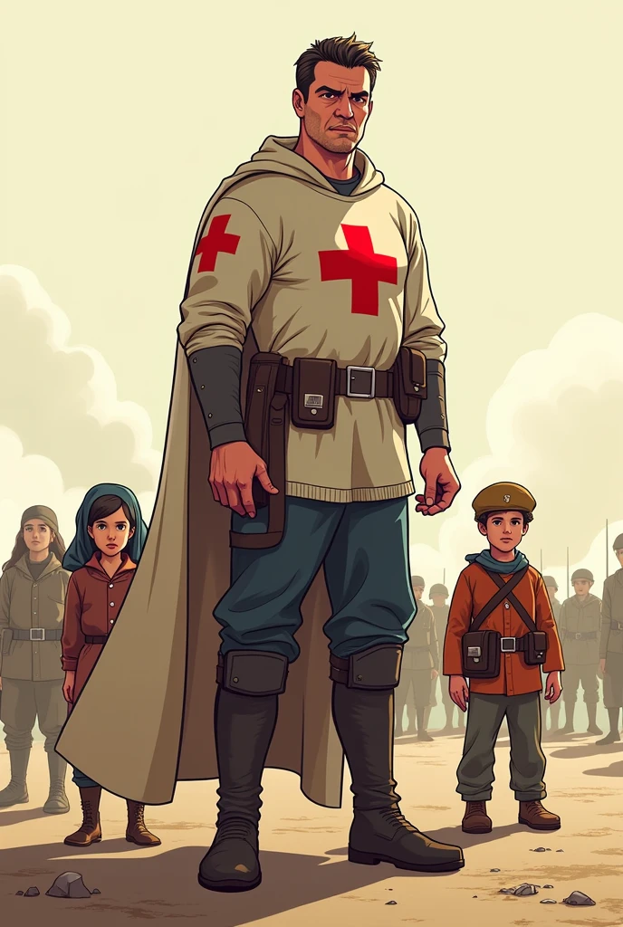 Make a cartoon of a person with the Red Cross symbol on his arm extended forward, protecting a group of children, women and old people behind him. The person could be standing on neutral ground between two opposing armies., but without showing direct violence, highlighting more the gesture of protection and the human figure.