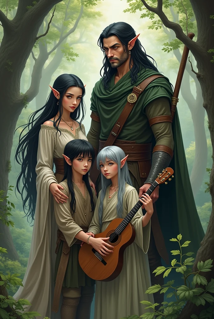   with hair as black as the night and eyes as gray as the moon, with his parents and sister, the father being a strong hunter and his mother a musician, and her sister with silver hair and dark eyes. The family all elves Semi realistic style almost anime 