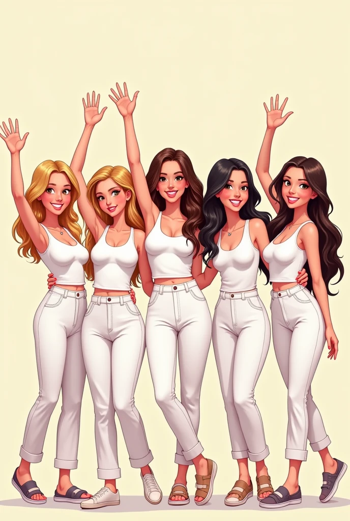 Make me a 2D drawing of five women in their 20s waving, the first one with shoulder length blonde hair with dark brown eyes, the second long wavy brown hair and dark brown eyes, the third shoulder length wavy brown hair with light brown eyes, The fourth one is shorter than the previous ones with light brown eyes and a little bigger., long brown straight hair; the last one with wavy black hair, Dark brown eyes and white skin all dressed in white