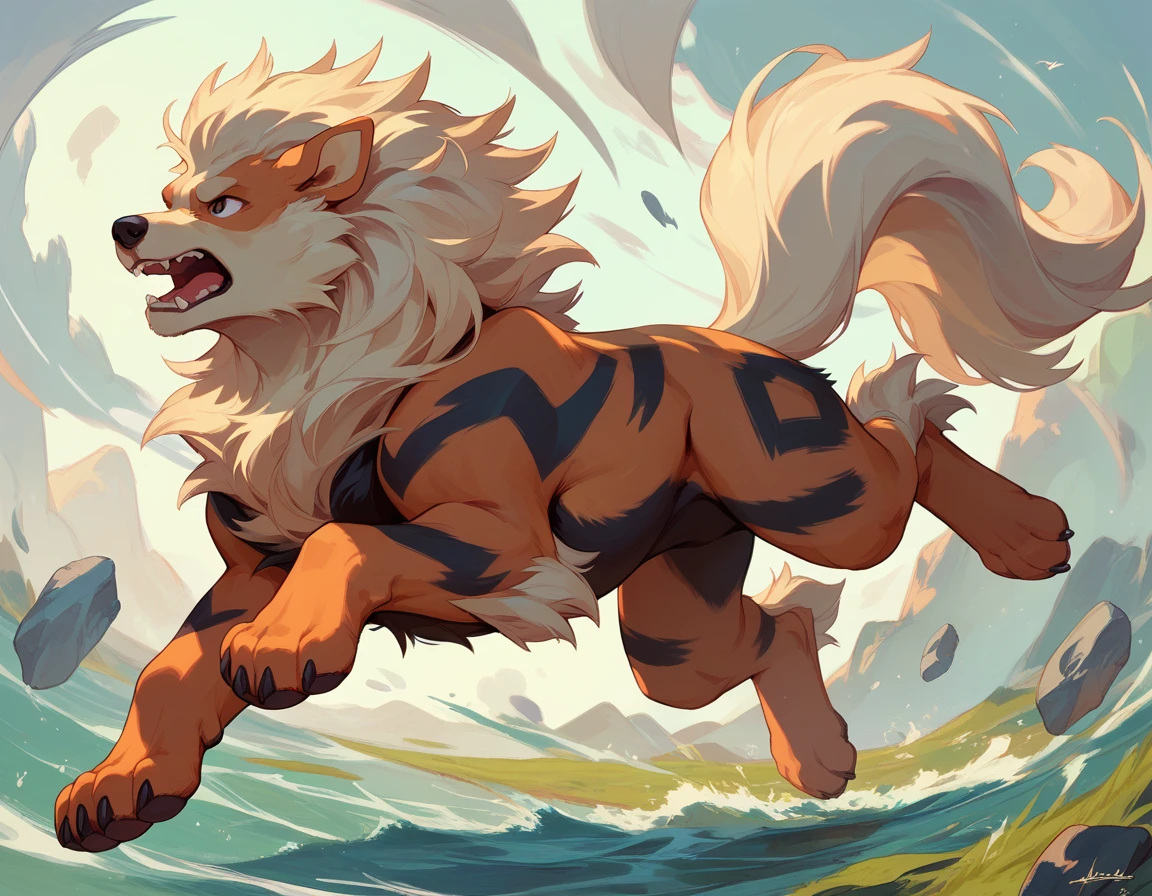 Arcanine,feral,solo, full body, running and jumping in the air