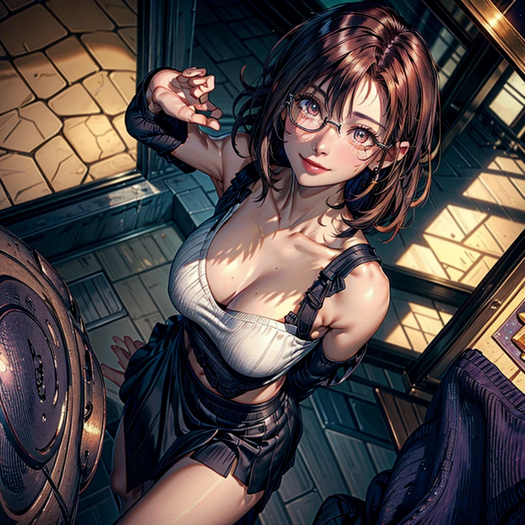 1 woman, short hair, curly hair, natural redhead, yellow eyes, round glasses, chest a little big, Purple loose sweater, bare shoulders, Strapless, smile, smile coqueta, smile picara, full blush, flushed, Mole on lips, Mole on shoulders, black skirt, Entrance of a house, shine, simple background, standing, throw, from above, High resolution, anatomically correct, Very detailed, textured skin, UHD, high quality, HD Model.
