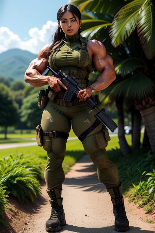 Photorealistic, high resolution, 1 malay woman in wearing a green beret, Solo, Hips up, Battlefield background，view the viewer, (Detailed face), braided hair, wearing a green beret and a special team logo, SWAT vests, Wing airborne logo on the chest, sniper rifle handle, camouflage combat suit, Camoflage military uniform, SWAT Boots, bulletproof vest, Holding an assault rifle, M16, Inside the jungle of Royal Belum, Very detailed, Perfect face, Black eye, jewelry, (full body view), Lifelike, masterpiece, HDR, 4K