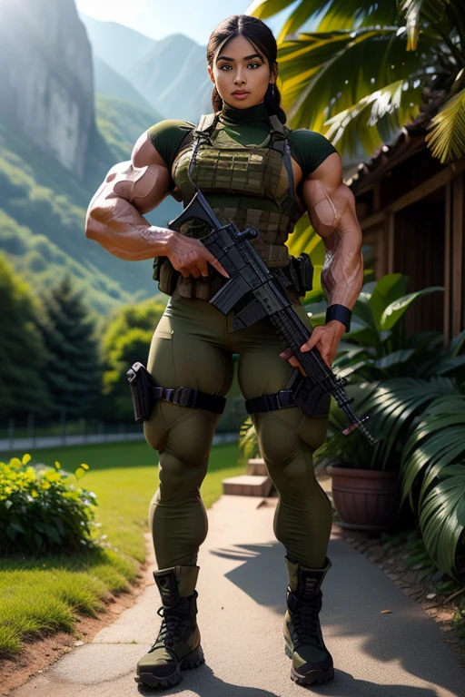 Photorealistic, high resolution, 1 malay woman in wearing a green beret, Solo, Hips up, Battlefield background，view the viewer, (Detailed face), braided hair, wearing a green beret and a special team logo, SWAT vests, Wing airborne logo on the chest, sniper rifle handle, camouflage combat suit, Camoflage military uniform, SWAT Boots, bulletproof vest, Holding an assault rifle, M16, Inside the jungle of Royal Belum, Very detailed, Perfect face, Black eye, jewelry, (full body view), Lifelike, masterpiece, HDR, 4K