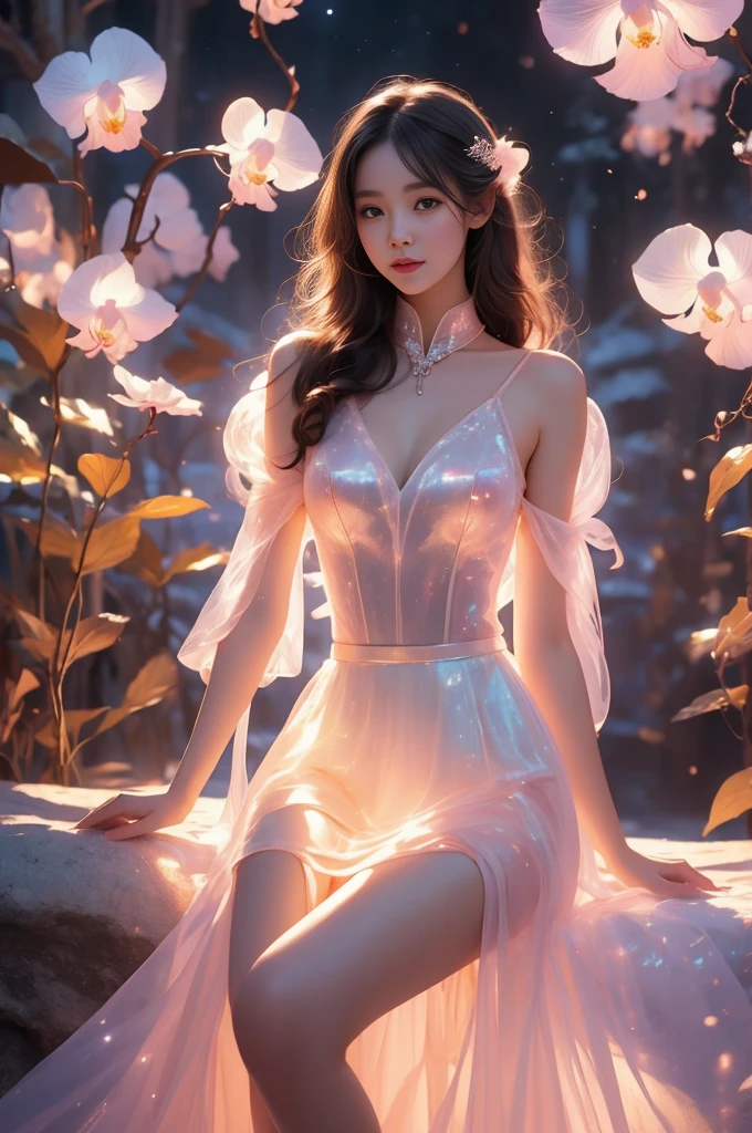bioluminescent dress(Quality Improvement:1.4),1 Girl, Full breasts,Visible cleavage,Sexy long legs,The skirt is very short,She gently lifted her skirt with one hand,Surrounded by white Phalaenopsis orchids,Lilac dendrobium、White Lily, Flying petals,(Top quality leather), Delicate face,Black Hair, Gradient hair, Body,(Body1.1), He has a precious gem on his forehead.., outstanding student,Long eyelashes,Smile, Surrealism, Movie Lighting, Projection Insert, Surrealism, Ultra HD, masterpiece,lie,Keep dreaming,Open your legs slightly.,Tattoo,Fantasy Space,Luxurious space,Exquisite makeup,blush,Shy expression