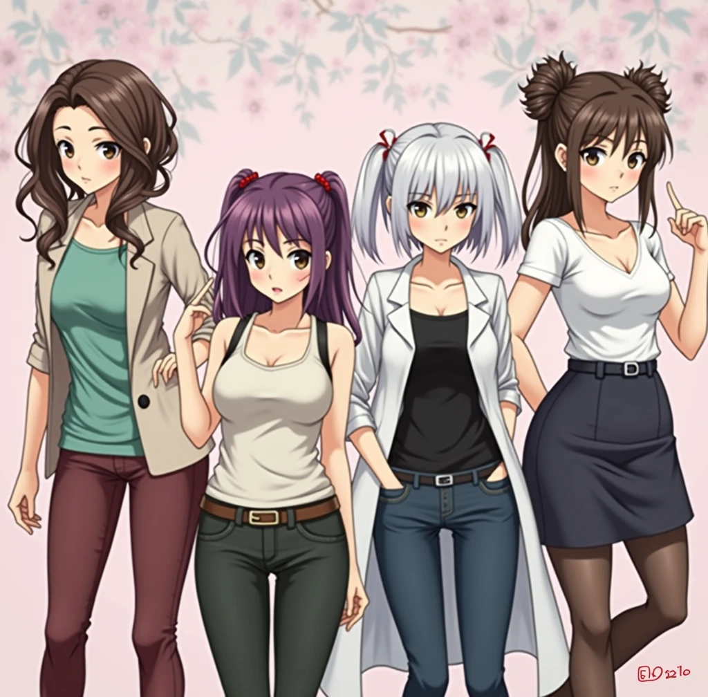 Four cute sexy adult teachers one with long brown hair with a braid another with short dark brown hair another with short white hair with a serious expression And finally a girl with long purple hair with two pigtails