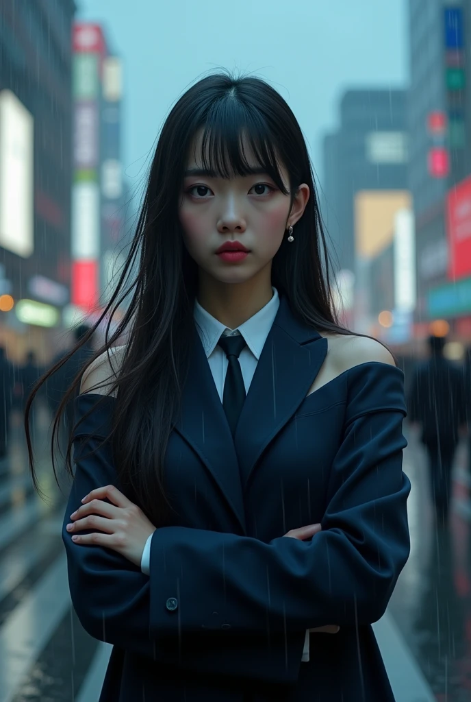 Best quality, masterpiece, ultra high res, (photorealistic:1.4), raw photo, korean girl, cinematic lighting, ((off shoulder)), ((dark blue blazer)), long straight hair, ((bangs)), necktie, trousers, crossed arms, shibuya crossing, dark clouds, (heavy rain), (strong wind effect), full body