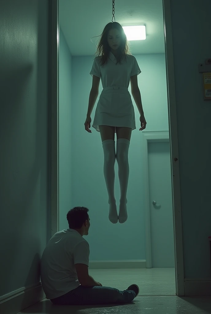 Scene of female nurse hanging herself in white thigh high socks ,hovering in the air , a man sitting on the ground in panic 
