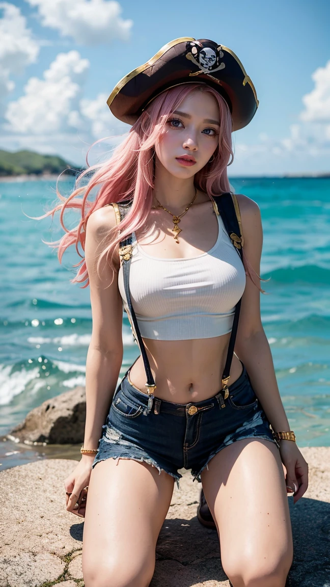 Create an image of Jewelry Bonney from One Piece with long pink hair, wearing a pirate hat adorned with gold accents. She is kneeling by the sea, with the ocean waves gently lapping against the rocks. She wears a short white top with suspenders, a tight belt around her waist, and dark shorts, exuding confidence and determination.
