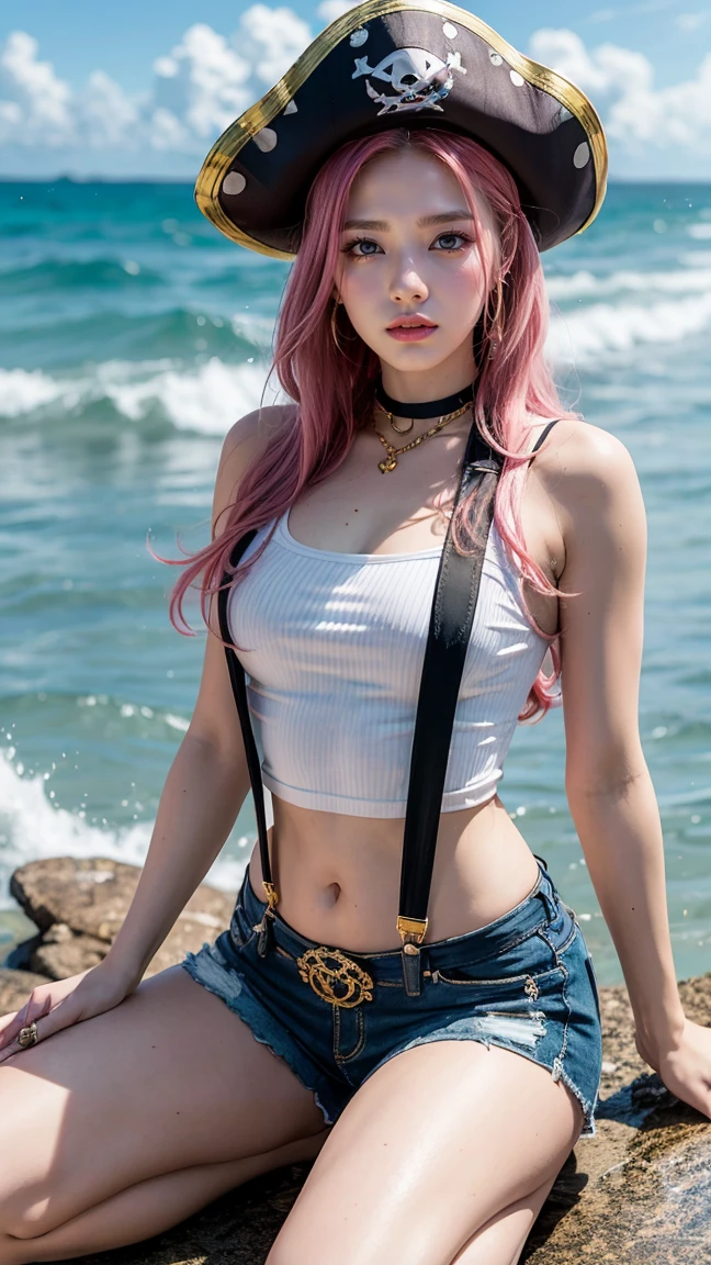 Create an image of Jewelry Bonney from One Piece with long pink hair, wearing a pirate hat adorned with gold accents. She is kneeling by the sea, with the ocean waves gently lapping against the rocks. She wears a short white top with suspenders, a tight belt around her waist, and dark shorts, exuding confidence and determination.