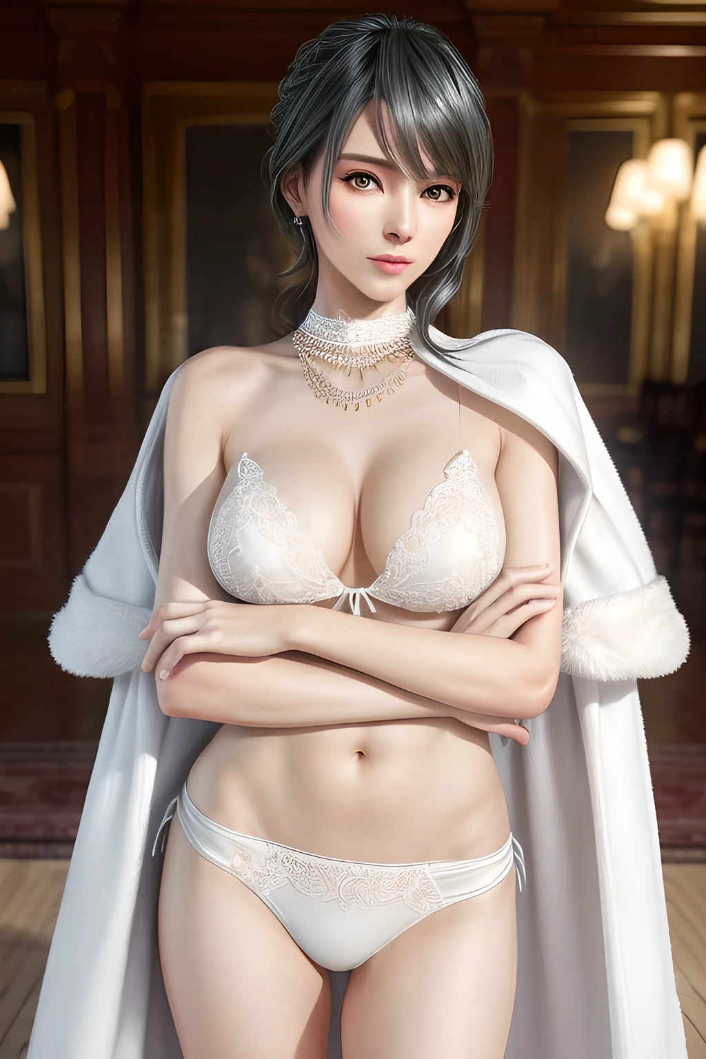 A lady with extraordinary temperament, she stands in a modern indoor space, as if she is a model from a fashion magazine. She is wearing a (pure white long fur cape), the softness and luster of which makes her look more noble under the light, and complements her (mesh bikini) underneath, showing her gentle temperament while maintaining a sense of fashion. The style of the dress is simple and generous, a perfect match, and it lengthens her figure, making her tall and charming. The lady's makeup is delicate and elegant, which just highlights her facial features and makes people unforgettable at first sight. Although the earrings and necklace she wears are not ostentatious, they add a bit of sophistication and nobility to her overall look. Her hair is casually draped over her shoulders, and every strand of hair exudes a natural luster,, (best quality,8k,highres,masterpiece:1.2),ultra-detailed,(realistic,photorealistic,photo-realistic:1.37),studio lighting,ultra-fine painting,sharp focus,physically-based rendering,extreme detail description,professional,vivid colors