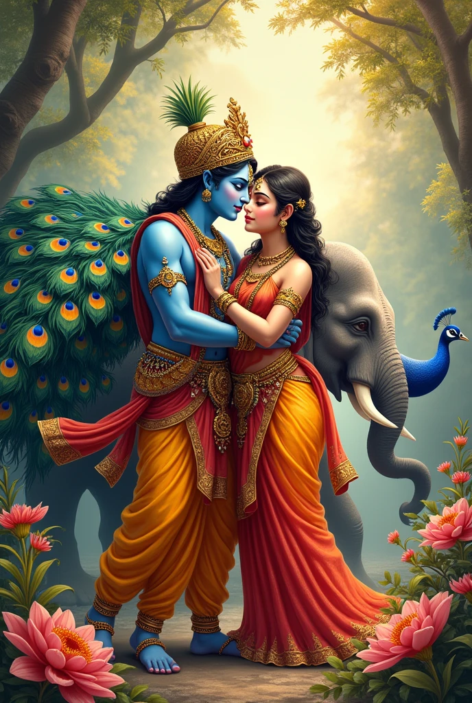 Create radhakrishNa images bright vivid colors peacock and elephant all animals flute and