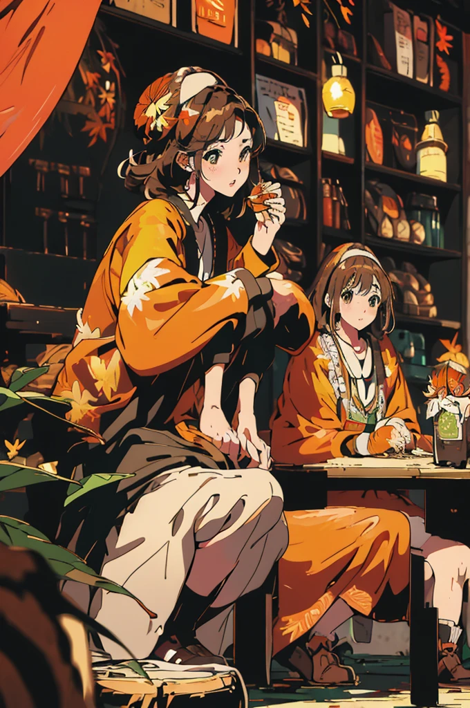 (masterpiece:1.2), Highest quality,Pixiv,Surprised girl,Portraiture、1、Large Breasts、Small waist、Close-up of face、Ecstasy、((((Autumn Outfits、shirt、Squatting sloppily))))、pread your legs、Girl sitting、Beer and Yakitori、Matsutake