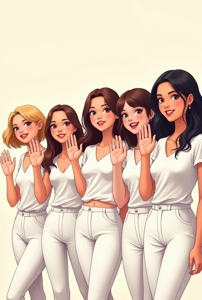 Make me a 2D drawing of five women in their 20s waving, the first one with shoulder length blonde hair with dark brown eyes, the second long wavy brown hair and dark brown eyes, the third shoulder length wavy brown hair with light brown eyes, The fourth one is shorter than the previous ones with light brown eyes and a little bigger., long brown straight hair; the last one with wavy black hair, Dark brown eyes and white skin all dressed in white