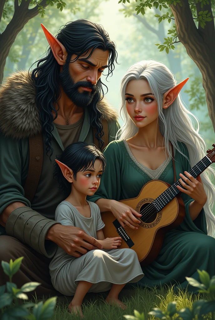 with hair as black as the night and eyes as gray as the moon, with his parents and sister, the father being a strong hunter and his mother a musician, and her sister with silver hair and dark eyes. The family all elves Semi realistic style almost anime
