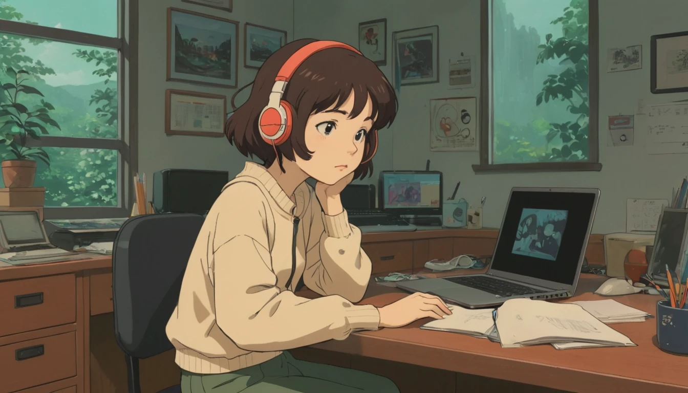 A cartoon character wearing headphones and sitting at a desk with a laptop, LOFI Girl, Lofi Artstyle, satoshi kon artstyle, Lofi Art, Ghibli anime style style, Anime movie screenshots, Ghibli anime style, LOFI Girl aesthetic, Chihiro! fujisaki, Lo-fi feeling, Ghibli Studio Anime Style, Studio Ghibli Anime Screenshots
