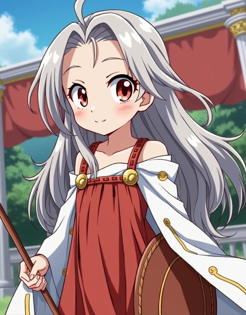 "Eri from My Hero Academia, now depicted as a 1 with long, flowing white hair and large, innocent red eyes. She has a small horn protruding from the right side of her forehead. Eri is wearing an ancient Greek outfit, either as a graceful Greek maiden or as a fierce Amazonian warrior like Penthesilea. As a Greek maiden, she is dressed in a flowing white chiton, with delicate gold accents and sandals, standing gracefully with a serene expression. As an Amazonian warrior, Eri wears fitted leather armor, a short skirt, and arm guards, holding a spear and shield with a determined look, ready for battle. The background features a mythical Greek landscape, with marble columns or a forest, adding to the ancient atmosphere."






