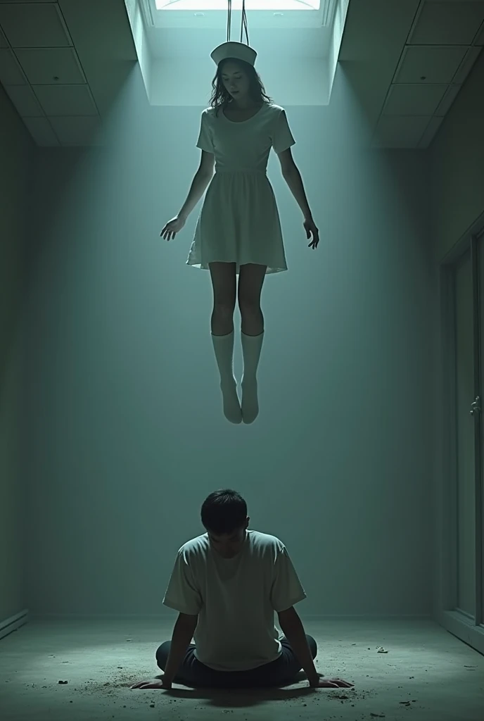 Scene of female nurse hanging herself in white thigh high socks ,hovering in the air , a man sitting on the ground in panic