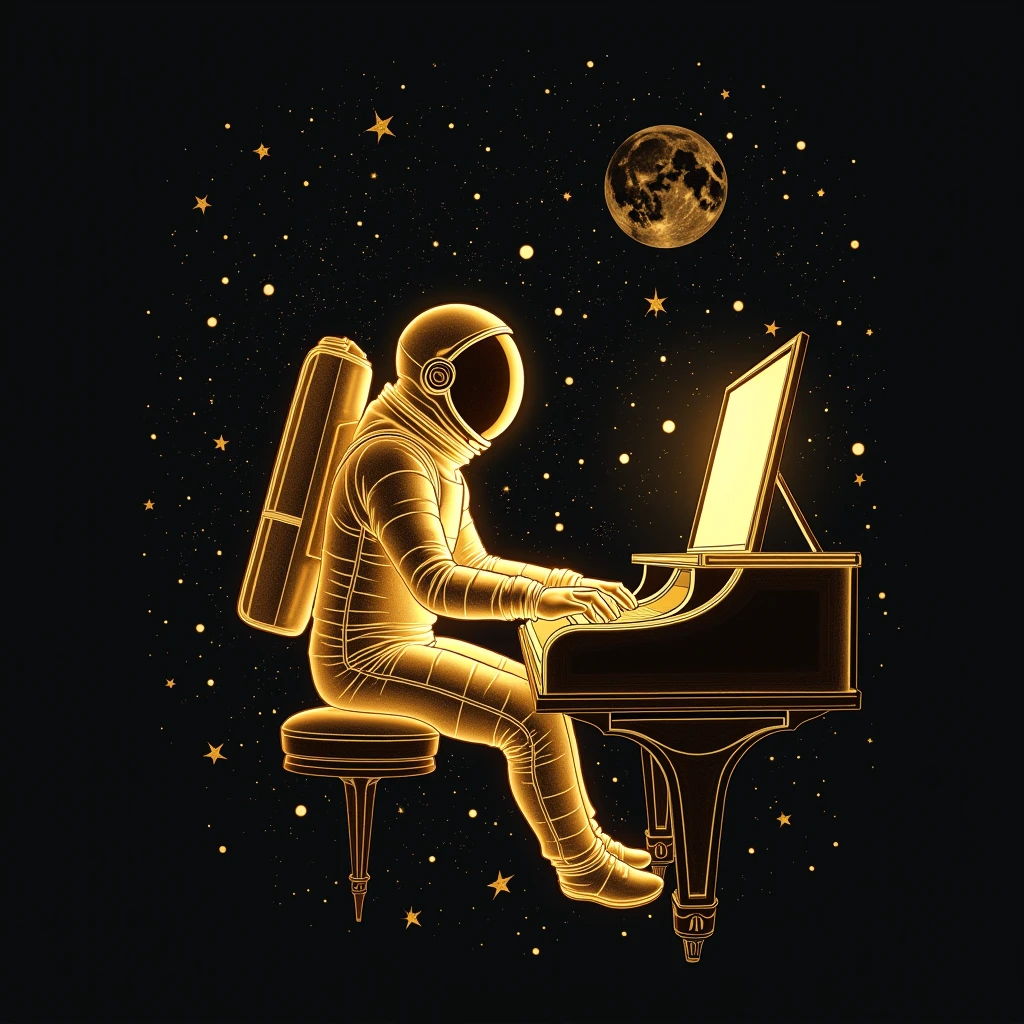 Create a logo with a space background and a floating astronaut playing the piano in a translucent gold color composing a song on a PC in a drawing