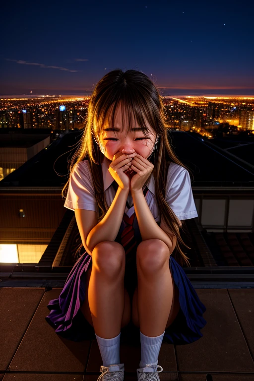High school girl、Are crying、I'm staring at this、
night、Rooftop 