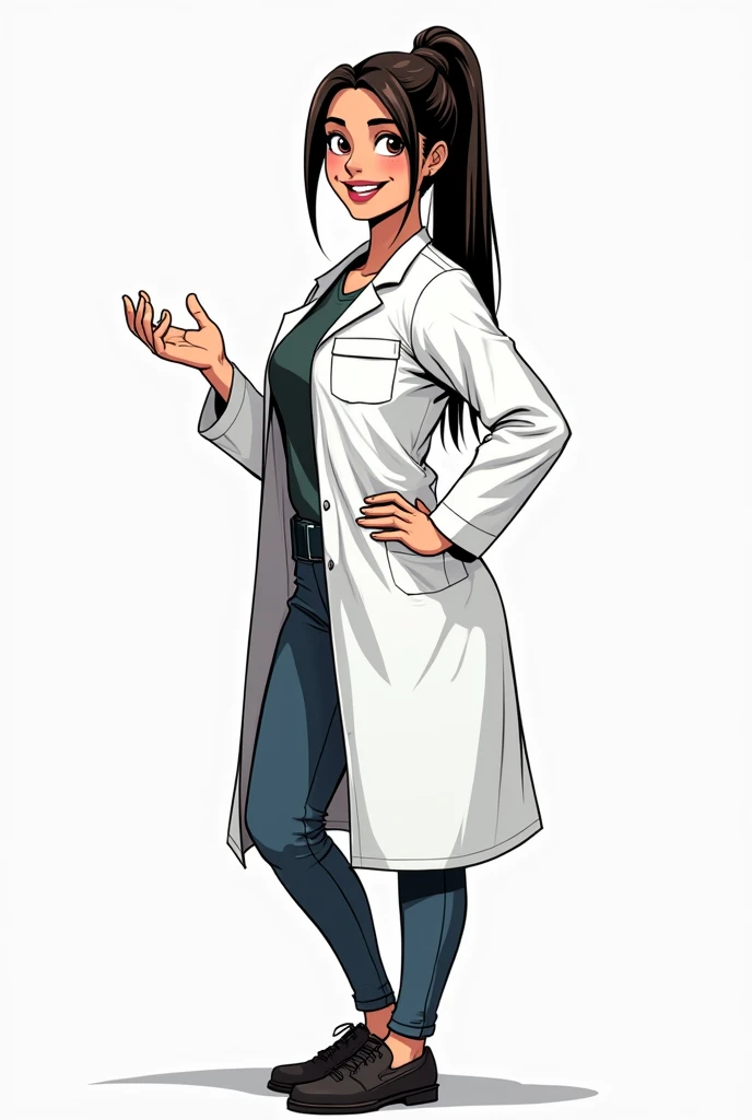 A brunette girl with straight hair all tied up, Latin features, a little chubby, not much, and wearing a lab coat, smiling and in black and white, asking a question. Comic version 
