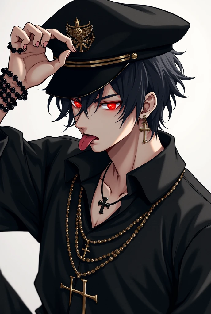 Male character black hair black shirt with a cross shaped chain cross shaped earrings on his ears black sailor hat that has an eagle on the front with and is sticking out his tongue Omega red eyes with spiked bracelets that is holding his hat while he has it on his head poses
