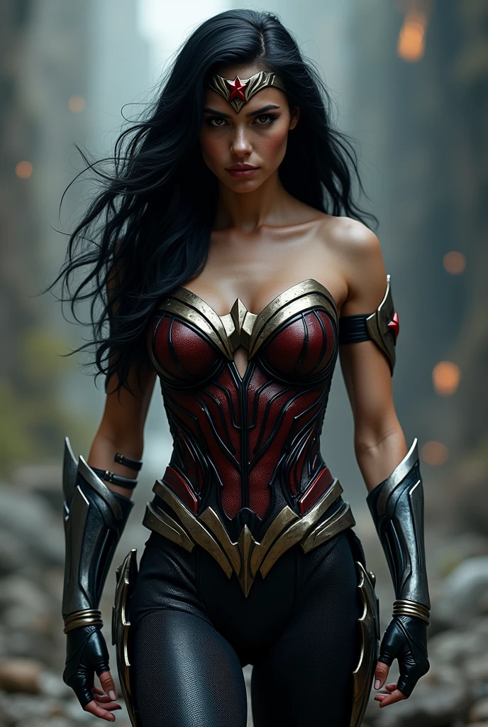 (((Simbionte Spiderman))),(((A beautiful woman with long black hair under the mantle of the Amazon warrior Wonder Woman (((Black metal headband with a red star on the front))),(((corset negro))),(((Long black boots up to her knees))),(((With Symbiote skin running all over his skin))) Black metal bracelets))),(((Simbionte Spiderman)))