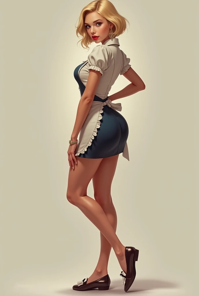 create a full body with a bob hair cut 1 female in a sexy pose dressed like a diner waitress being blonde showing her butt