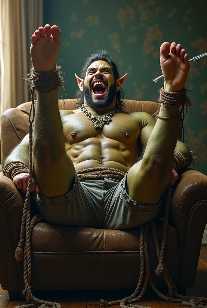 A handsome,Orc with abs tied to the sofa,Shoes taken off,Revealing two big bare feet,Both feet are locked in the foot,Feet raised,Soles facing forward,Five toes tied with rope in foot,His hands were tied tightly to one end of the sofa.,His upper body was stripped,Wearing only a pair of trousers,Being tickled by a man in a cap,His armpits were constantly tickled by feathers.,The soles of his feet were being scratched by two brushes.,The toes are also tickled by the feathers growing from the toes.。The abdomen is scratched with a brush,And he laughed,Struggling hysterically,Swinging his two feet,I want to escape from this nightmare.,But can only endure the punishment of being tickled。*(Have an expression of laughing like being tickled,Keep your feet elevated,The soles of your feet should face the screen)