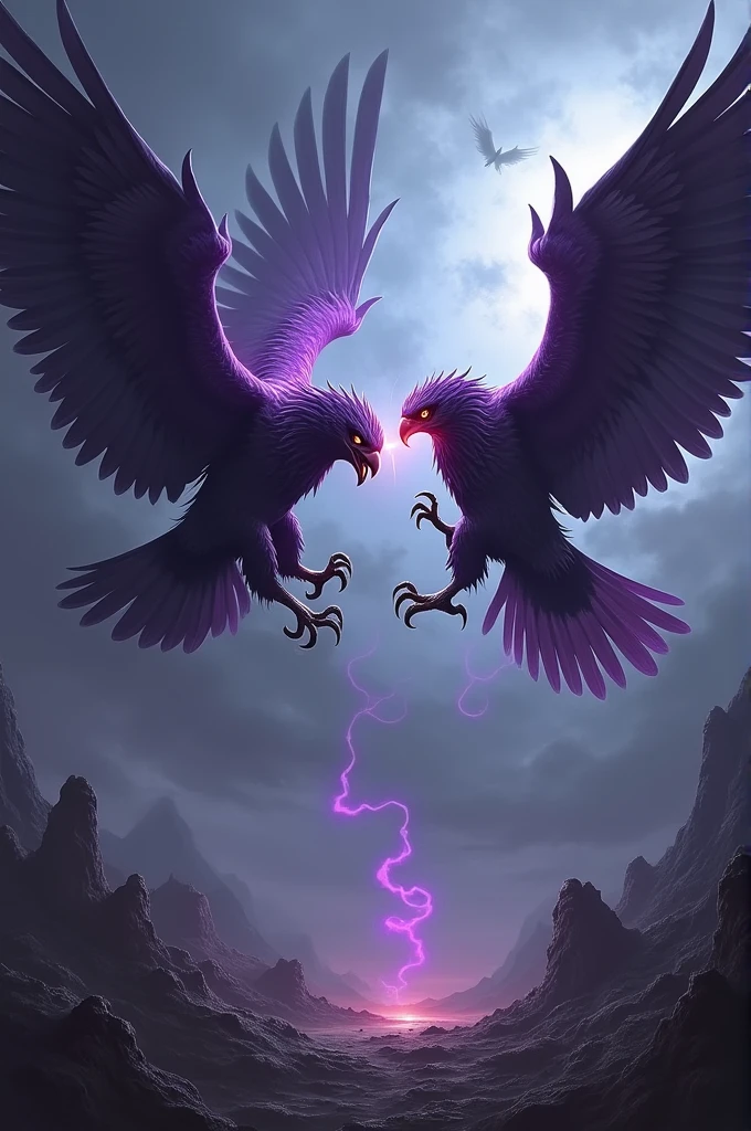 An evil purple eagle fighting a vulture, darkness background, smoke and lights 