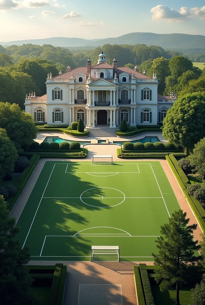 The house on the outside is a big house, in the back part of the house it has a soccer field, a semi-Olympic pool, inside the house it has 5 bedrooms, 6 bathrooms, 2 living rooms, a kitchen, and a dining room.
