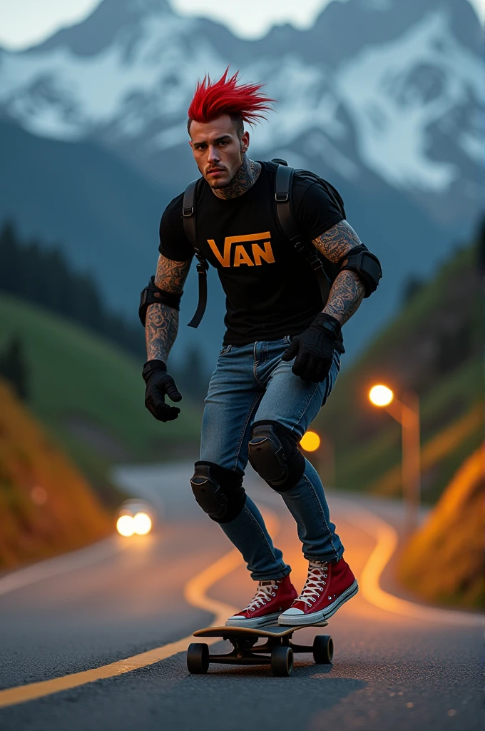a fat young handsome Punk skateboarding with red mohawk and upturned jacket covered in tattoos on his arms,he is bodys is fat with a cool pose, confidently riding a skateboard down a winding mountain road ferry fasted, framed by the night golden light of the street. He is wearing a black t-shirt with a vintage VAN logo on his chest and a bag on his back, and denims jeans and use red converse shoes. The man look at the camera, his hands protected by black gloves, adding a personal touch to the thrilling scene. He also wears knee and elbow pads, ensuring safety as he navigates the turns with ease. The background is midnight lanscape features rolling green hills and snow-capped mountains in the distance, creating a stunning contrast to the rider’s dynamic movements, amplifying the excitement. In the distance. The image exudes the thrill of downhill skateboarding, the beauty of the natural scenery, and the fearless energy of the rider, with an Instagram-worthy night atmosphere.