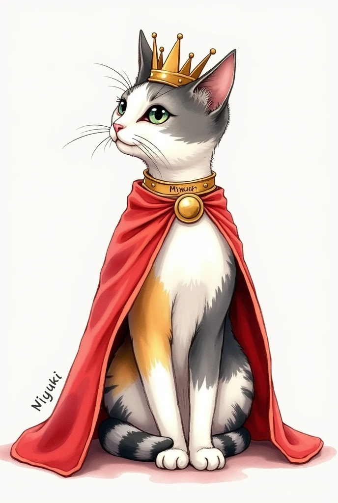 Watercolor painting of a tricolor striped cat in white, gray, yellow and black colors dressed as a queen, With a crown and a red cape, the cat has a round spot in front of the neck, striped gray and black, near the collar, one paw is spotted gray and yellow and the other is white, and her body is in profile but facing forward, with a gold collar that says "miyuki"