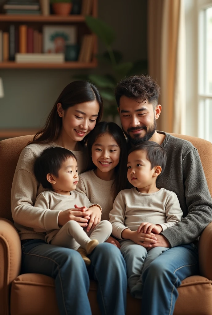Family sitting on a piece of furniture that looks real not cartoon