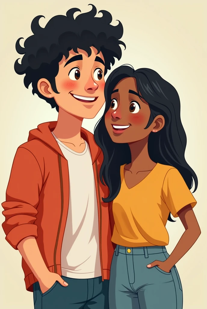 Two young people around , a man and a woman, the man being taller and with very curly hair, both dressed in clothes, and the woman with straight hair. that the whitest male is Latino and the woman is dark-skinned, that the man is without a beard, like in cartoons