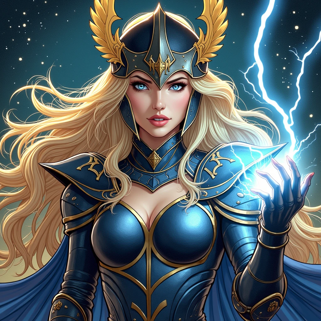 create an incredibly detailed digital image of a norse goddess with blond hair wearing a winged helm holds lightning in the palm of he hand. She wears dark blue armor with gold trim and a deep v-neck that exposes her cleavage. She wears a cloak with a starfield on it. The background is cosmic. include dramatic lighting and shadows. make the armor intricately detailed with a shiny reflective surface. She stares at the camera with an intense stern look, but her lips have the hint of a smile.