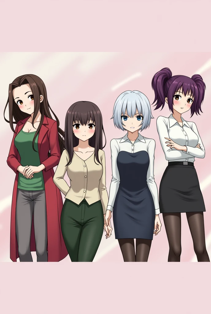 Four cute sexy adult teachers one with long brown hair with a braid another with short dark brown hair another with short white hair with a serious expression And finally a girl with long purple hair with two pigtails