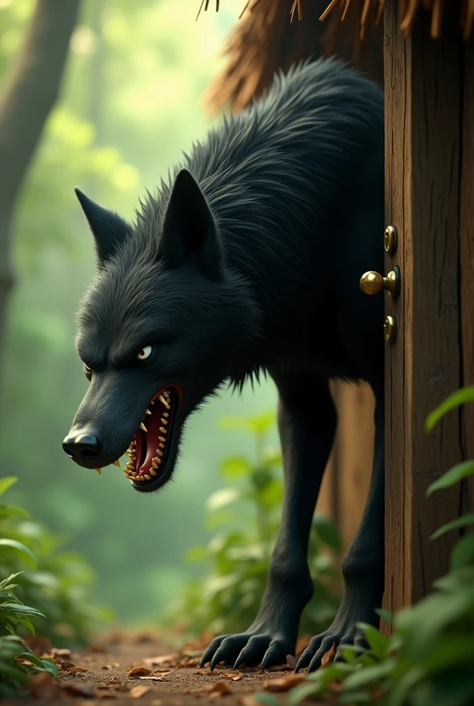 pixar style, cinematic, sideview of a 3D extremely angry black furry wolf, with realistic black fur, 3D illustration, screaming with anger, looking at the wooden door of a straw house, (1male wolf:1.2), (sinister and angry expression:1.5), dangerously angry, dark behaviour, lean build, (disproportionate body long nose and mouth), (realistic fur texture), (jungle background:1.4), sunlight filtering through the trees, (soft lighting:1.3), (green and earthy color scheme:1.3), (highly detailed), (ultra quality:1.3), (masterpiece), (digital art), 8K resolution, HDR, depth of field, (soft shadows), (photorealistic:1.3), (animation:1.2), (by Greg Rutkowski:0.9), (in the style of Alphonse Mucha), trending on ArtStation, award-winning art
