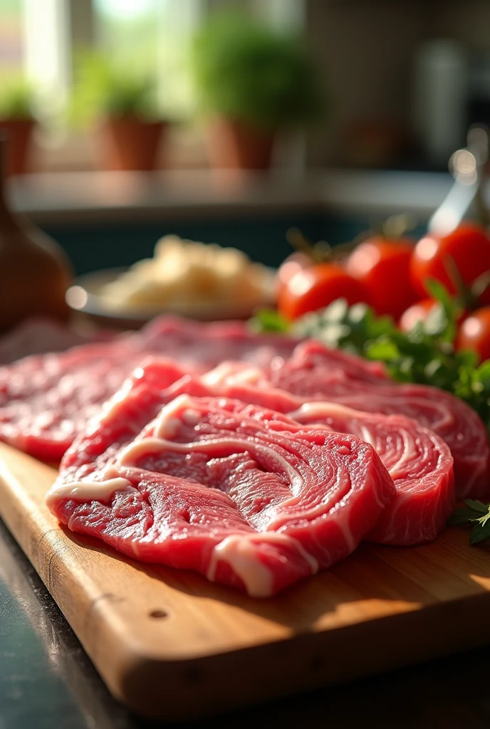 In a vibrant, sunlit kitchen,
succulent slices of marbled Beef with a tantalizing sheen, captured
with a Canon EOS R5 paired with a 50mm
f/1.2 lens at ISO 200, shutter speed 1/125s;
the rich pinks and creamy whites of the
meat contrast beautifully against a rustic
wooden cutting board, while soft shadows
dance around the edges, inviting viewers to
savor the mouthwatering texture and flavor,
making it an irresistible centerpiece for any
restaurant advertisement
