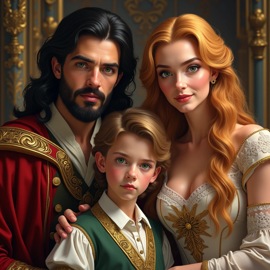 A king with wavy black hair and green eyes,
A queen with a beautiful dress,strawberry blonde hair golden color , light brown eyes A prince with strawberry gold blond hair, green eyes A prince with brown hair and blond green eyes Real photo