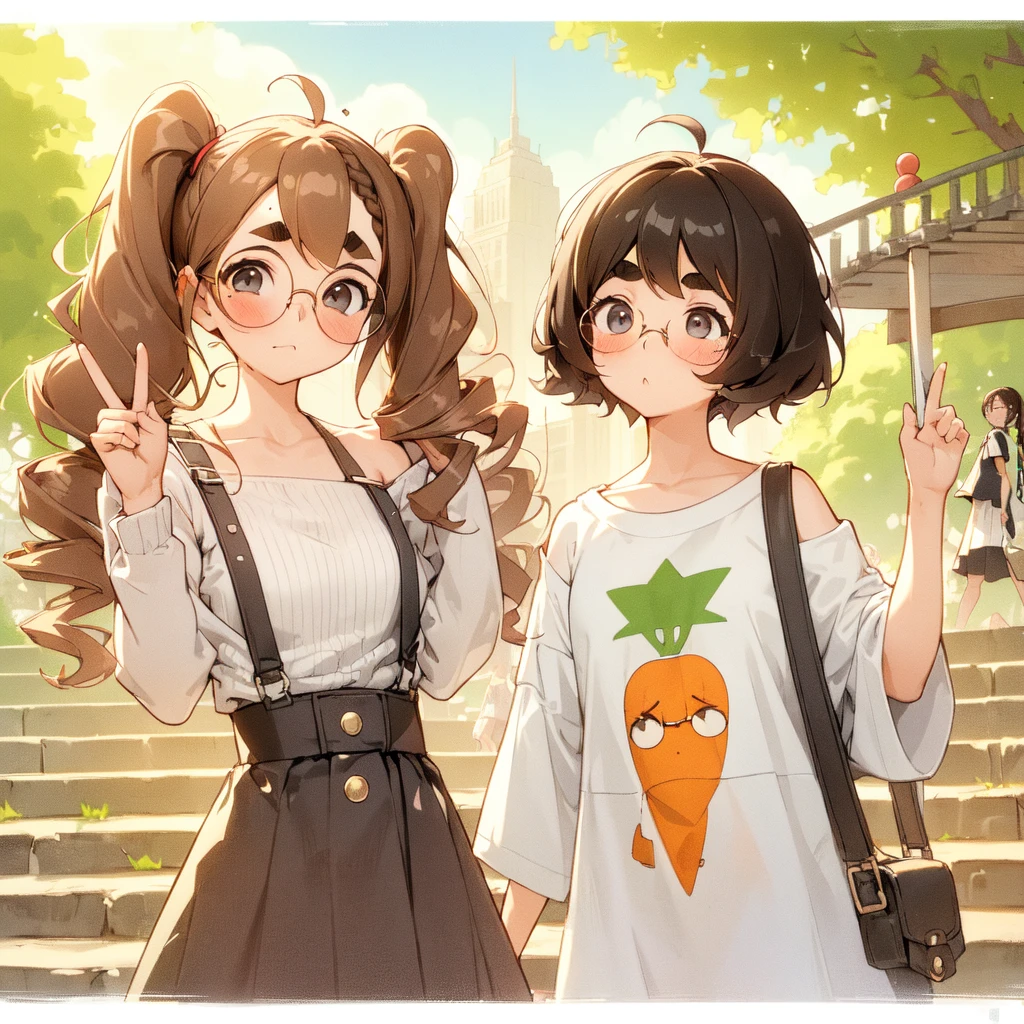 2 girls, Girl 1 has brown hair，Wavy twin ponytails，Sagging eyes，Wearing black round thick-rimmed glasses。
Girl 2 has bob hair style，length to shoulder，A little bit thick eyebrows，Wearing an oversized T-shirt，Exposed shoulders almost dropped to the waist。
two people outdoors，Stairs in the park，The city in the distance is seen in the background，sunny，Perfect fingers，pendulum，Make V with both hands，bending down alone，one&#39;s feet turned sideways，Perfect waist。Wide-angle lens, Human eye perspective shooting, Full body picture