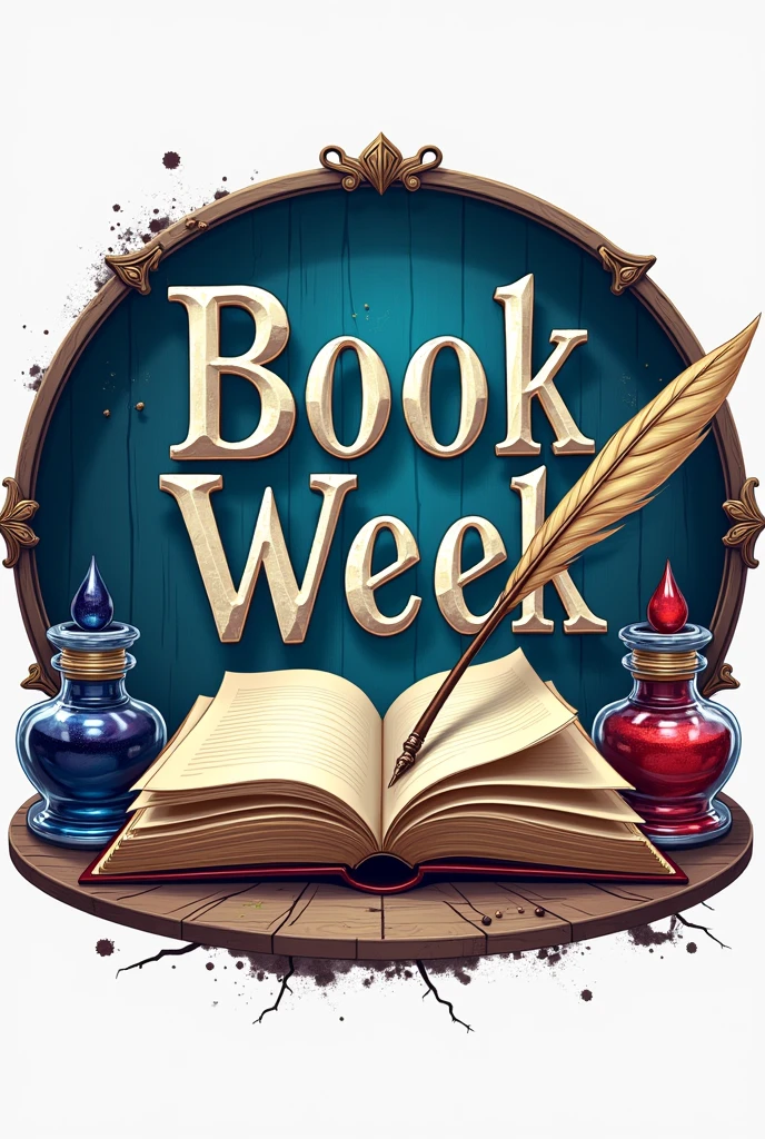 Image of the book week that is an open book with a pen writing on it and the two jars of ink in front that the image has a fictional style like Harry Potter and that has the text in Spanish "Book Week" with cool letters glued to the book and that everything I ask for fits in a single circle 