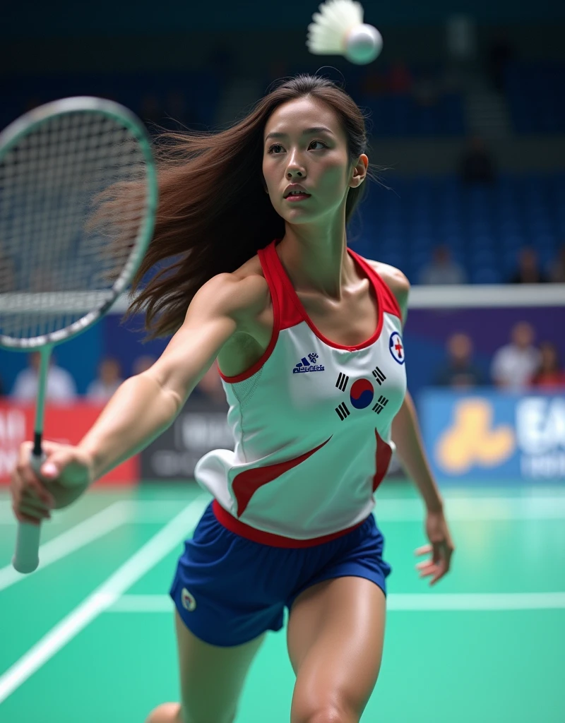 (Photorealism:1.2), beautiful woman, National team player playing badminton, korea