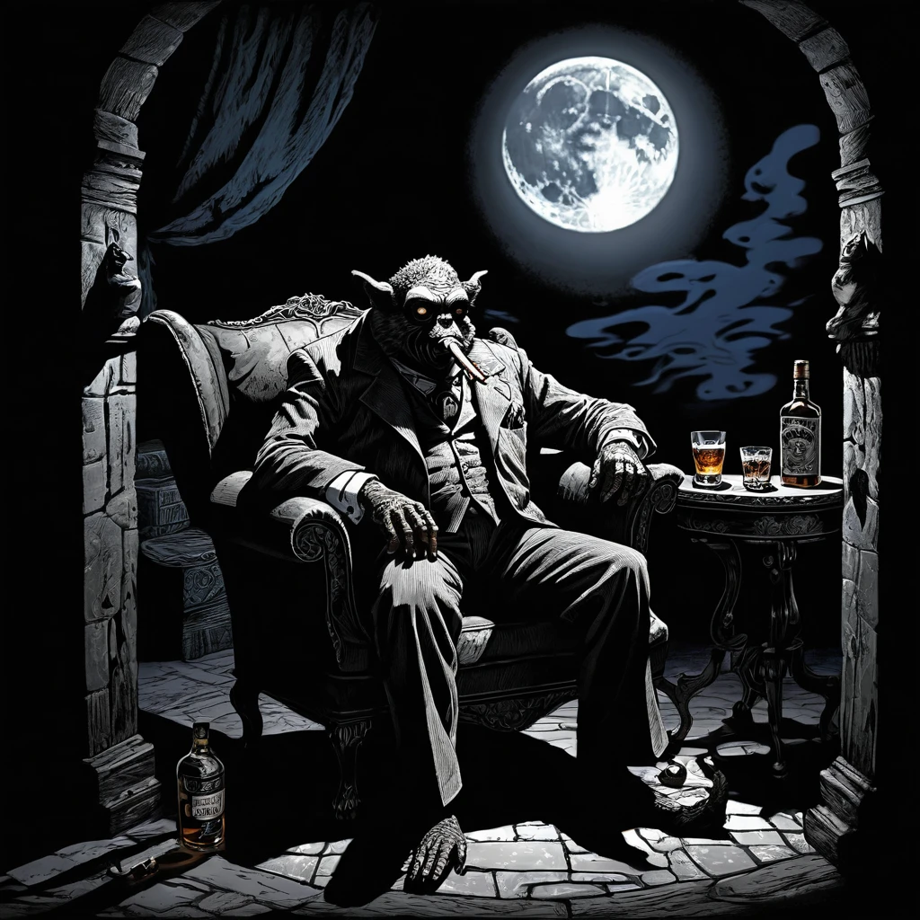 In the shadowy nook of a forsaken chamber, the weird creature lounges, cradling a whiskey tumbler in one hand, and a cigar in the other. His huge shadow is oppressive, and under the shadow of moon beams, the creature ensnares it's victims.