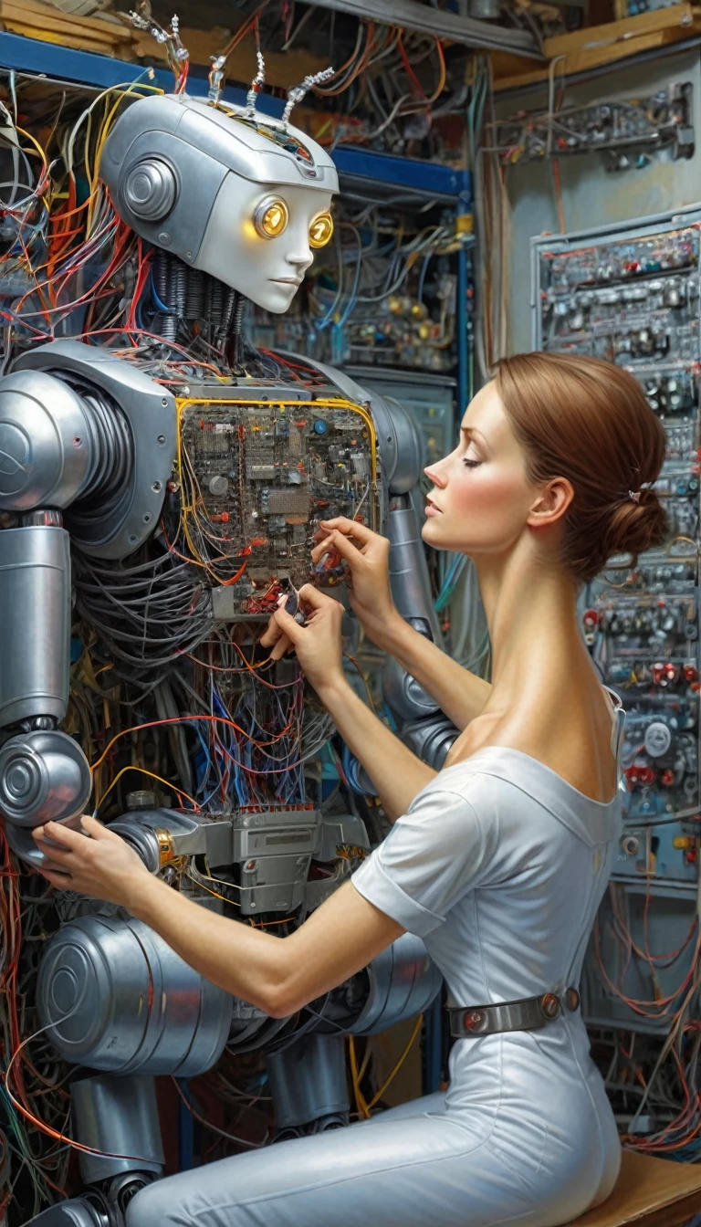 Woman repairing a robot,
Wire Mainframe Button, gauge
(art:Valentin Lekunenko)