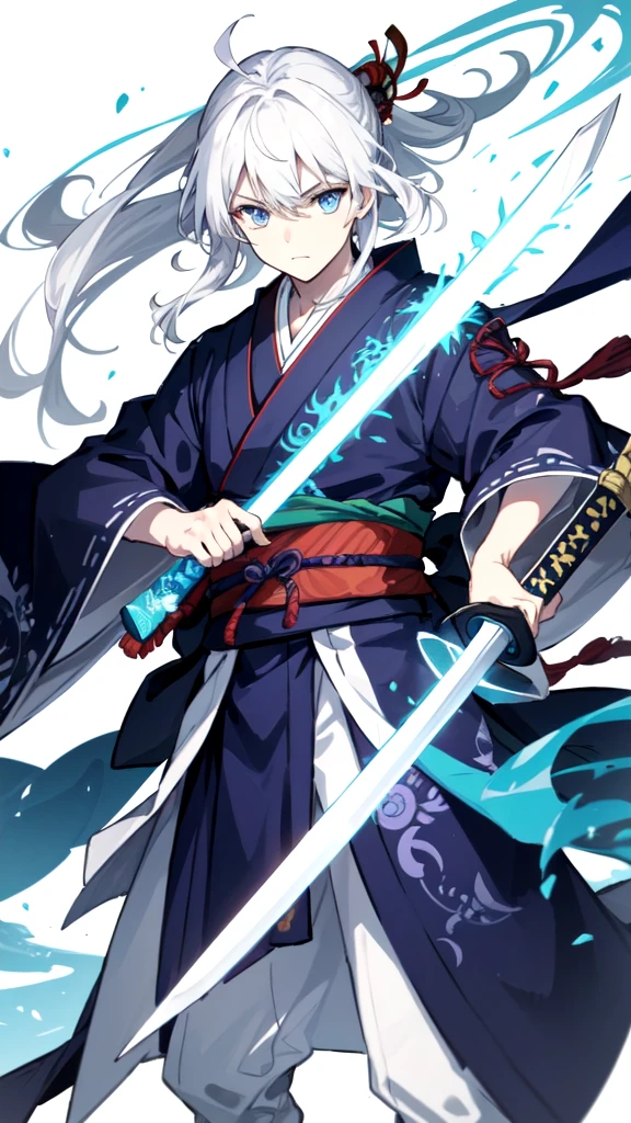 Samurai man wearing a blue kimono with black edges patterned with a dragon design white hair white skin blue eyes shooting out purple rays standing drawing his sword 