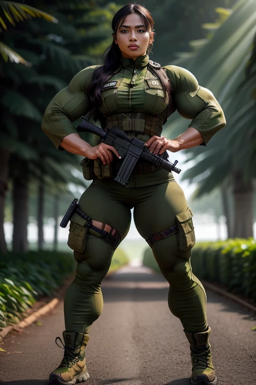 Photorealistic, high resolution, 1 malay woman in wearing a green beret, Solo, Hips up, Battlefield background，view the viewer, (Detailed face), braided hair, wearing a green beret and a special team logo, SWAT vests, Wing airborne logo on the chest, sniper rifle handle, camouflage combat suit, Camoflage military uniform, SWAT Boots, bulletproof vest, Holding an assault rifle, M16, Inside the jungle of Royal Belum, Very detailed, Perfect face, Black eye, jewelry, (full body view), Lifelike, masterpiece, HDR, 4K