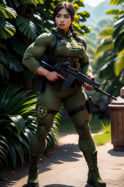 Photorealistic, high resolution, 1 malay woman in wearing a green beret, Solo, Hips up, Battlefield background，view the viewer, (Detailed face), braided hair, wearing a green beret and a special team logo, SWAT vests, Wing airborne logo on the chest, sniper rifle handle, camouflage combat suit, Camoflage military uniform, SWAT Boots, bulletproof vest, Holding an assault rifle, M16, Inside the jungle of Royal Belum, Very detailed, Perfect face, Black eye, jewelry, (full body view), Lifelike, masterpiece, HDR, 4K